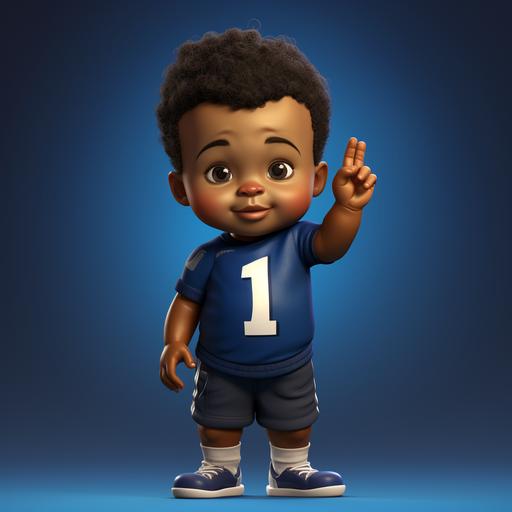 one year old chubby black boy holding up one finger, cartoon, 3d, he has dark skin, curly afro and wearing a blue basketball headband, he is wearing royal blue shirt and shoes, he is wearing black pants, the background is black there is a very large number 1 in background, very detailed