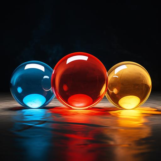one yellow orb, one red orb, one blue orb sparkling
