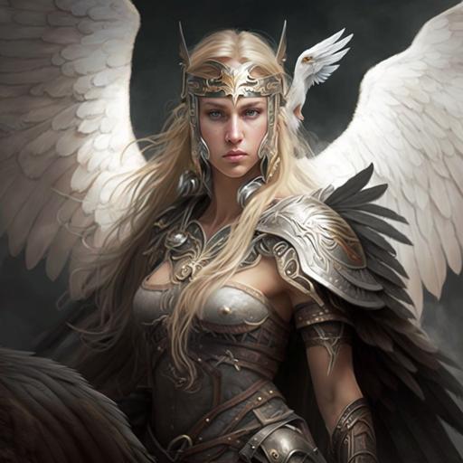one, young and handsome female Valkyrie(looks like Brynhild in Ring Of The Nibelung), with armor that accentuates the prothorax, with obvious abs, with wing helmet, with a spear in hand, blond hair, with horse, with obvious abs, waist is a little bit thin, in the middle of battlefield.