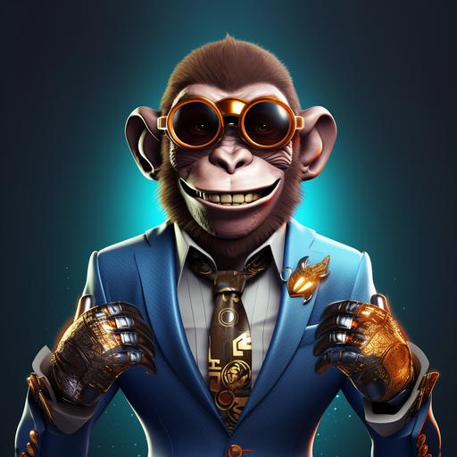 only one character in the image. futuristic monkey robot billionaire in a very expensive suite and the shirt has cufflinks. On the cufflinks engrave 'M7'. The monkey is smiling without showing teeth, full of confidence and calm. make it as fun and business-like possible, with eyes of the monkey glowing in a calm color.