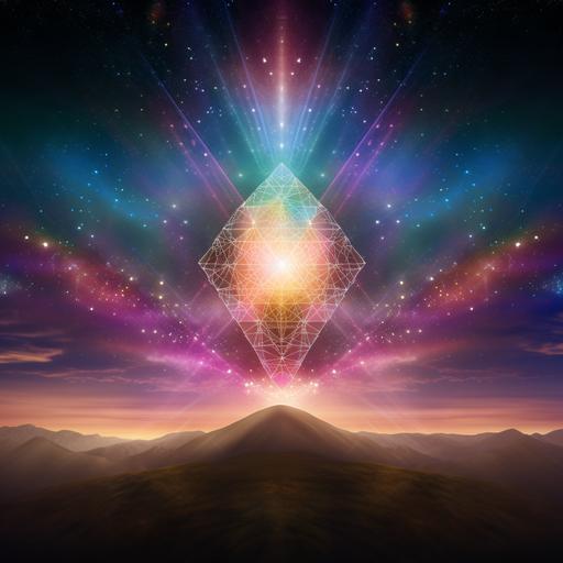 only one funnel shaped laser beam directly from above straight beaming into a heart made from sacred geometry, simple design, multi colored , the stars and sky are the backround morning is coming soon realistic