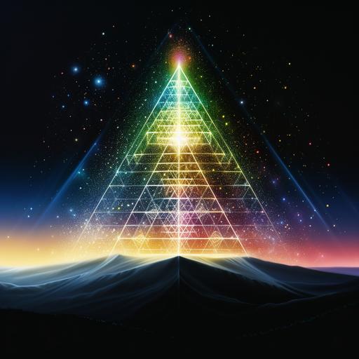 only one funnel shaped laser beam directly from above straight to the heart made from sacred geometry, simple design, multi colored , the stars and sky are the backround morning is coming