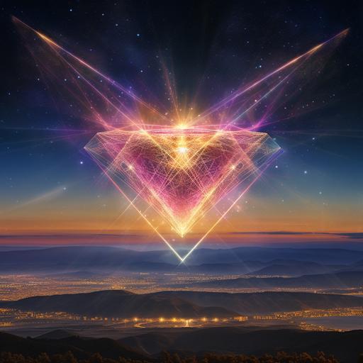 only one funnel shaped laser beam directly from above straight beaming into a heart made from sacred geometry, simple design, multi colored , the stars and sky are the backround morning is coming soon realistic