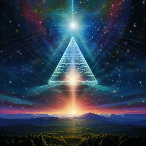 only one funnel shaped laser beam directly from above straight to the heart made from sacred geometry, simple design, multi colored , the stars and sky are the backround morning is coming