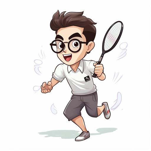 only one men, a cute character with a figure of five, wearing a white long-sleeved T-shirt and a long black pants, a Korean man in his 20s , without a background, playing a smash with a badminton racket ,without glasses, with out epect
