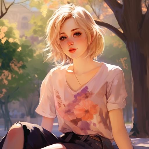 a teenage girl in a normal park, short blonde hair with a short ponytail on the side, bright clothes, sun dappled light, spring colors, anime style