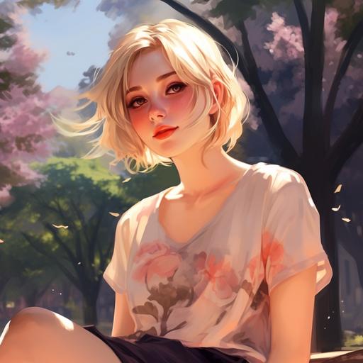 a teenage girl in a normal park, short blonde hair with a short ponytail on the side, bright clothes, sun dappled light, spring colors, anime style