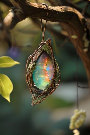 opal shimmering cocoon gate, fantasy, hanging from a branch, photo, gyotaku, magical forest --ar 2:3 --v 6.0