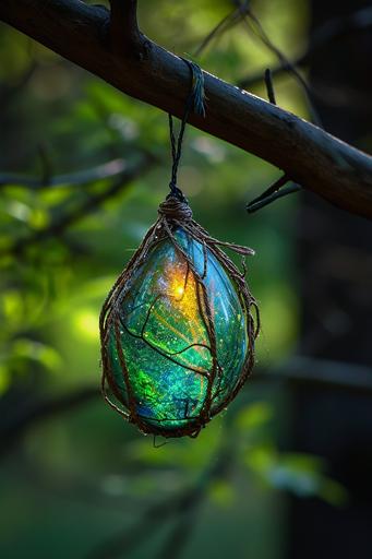 opal shimmering cocoon gate, fantasy, hanging from a branch, photo, gyotaku, magical forest --ar 2:3 --v 6.0