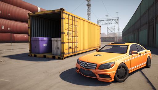 open container, a Mercedes car stands nearby, closed containers stand behind, brightly, realistic, gta san andreas style. --ar 16:9