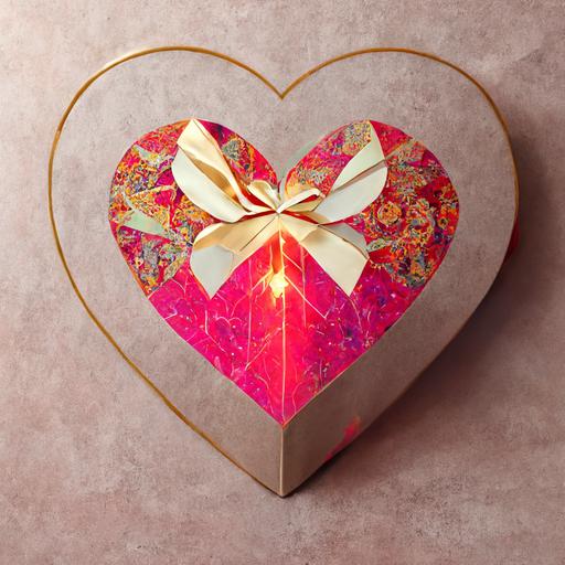 open gift box with hearts symbols inside, decorative glare, romantic, reflected light, shape of heart confetti, pink red gold colors, pop art, wallpaper pattern, illustration,
