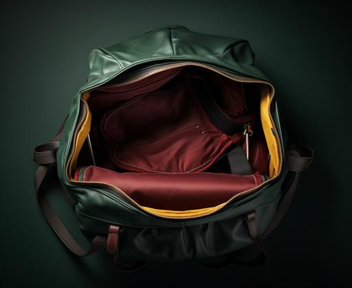 open inside empty backpack has an unidentified bag in its pouch, in the realistic style, dark crimson and green, amber, high resolution, dark mystery mood, leika photo --ar 60:49