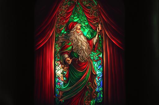 open red and green curtain, stained glass picture of Santa clause, backlit. water colors, full HD, intricate detail, volumetric lighting, full-length shot. --ar 3:2 --uplight --v 4