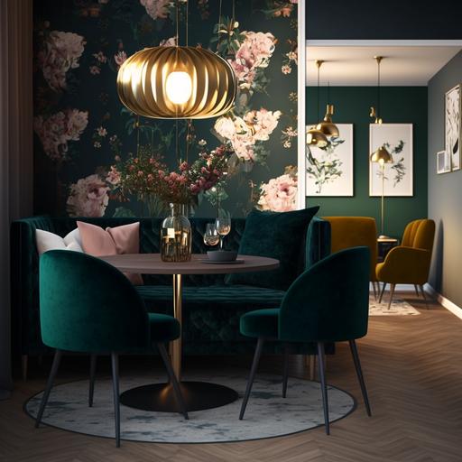 open space apartment concept midcentury style with floral wallpaper in dinning area and deep green velvet sofa golden hour light round dinning table