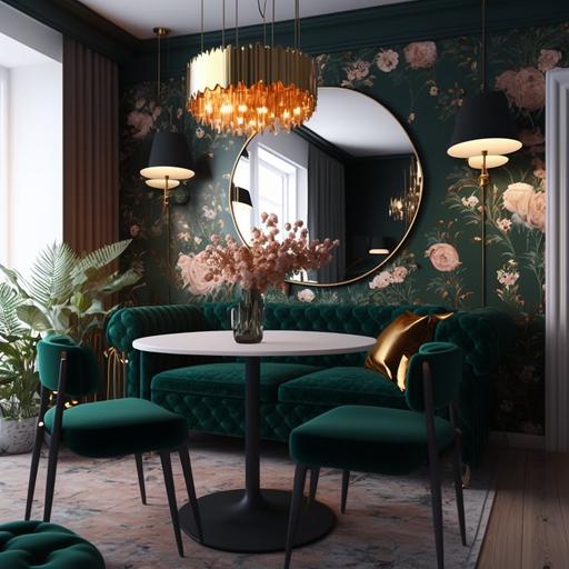 open space apartment concept midcentury style with floral wallpaper in dinning area and deep green velvet sofa golden hour light round dinning table