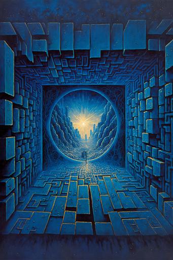 opening 3rd eye, Square labyrinth cube, in puzzle maze, complex elaborate maze, megastructure building, postapocalyptic, megastructure, alien planet, blue light, midnight, hr giger, zdislav beksinski, oil painting, surrealism --ar 2:3 --q 2 --v 4