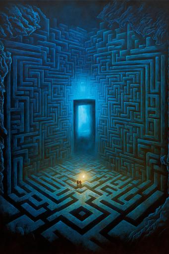 opening 3rd eye, Square labyrinth cube, in puzzle maze, complex elaborate maze, megastructure building, postapocalyptic, megastructure, alien planet, blue light, midnight, hr giger, zdislav beksinski, oil painting, surrealism --ar 2:3 --q 2 --v 4