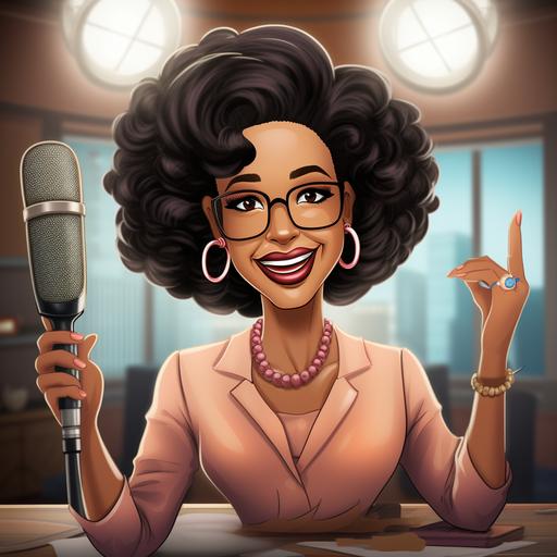 oprah winfrey look alike lady hosting a talk show as anchor in cartoon theme