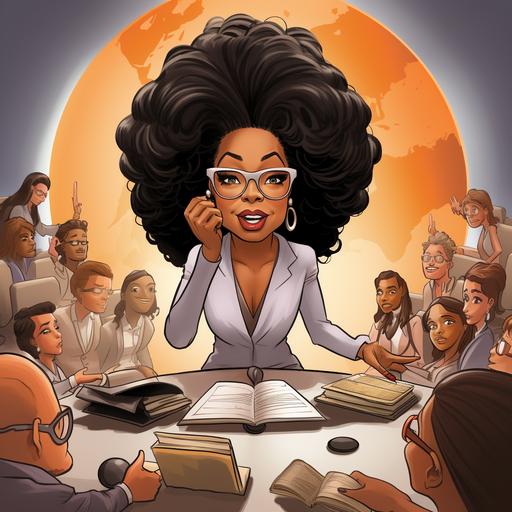 oprah winfrey talking in a csuite meeting to leaders in cartoon theme