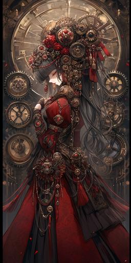 opulent regal steampunk geisha queen, elaborate costume, grandiose headdress with cogs and beads, beautiful styling, red and bronze tones, DSLR --niji 5 --s 500 --ar 1:2 --q 2