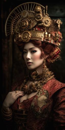 opulent regal steampunk geisha queen, elaborate costume, grandiose headdress with cogs and beads, beautiful styling, red and bronze tones, DSLR --v 5 --s 500 --ar 1:2 --q 2