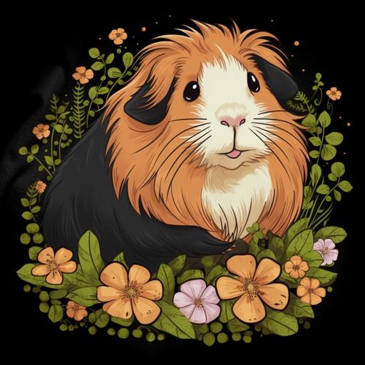 orange and black long haired guinea pig, cartoon, no white fur, happy face, light pink flowers, round t-shirt design --v 5 --s 250