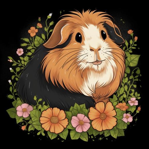 orange and black long haired guinea pig, cartoon, no white fur, happy face, light pink flowers, round t-shirt design --v 5 --s 250