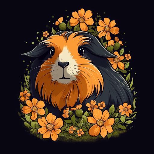 orange and black long haired guinea pig cartoon, no white fur, happy face, flowers, t-shirt design --v 5 --s 250