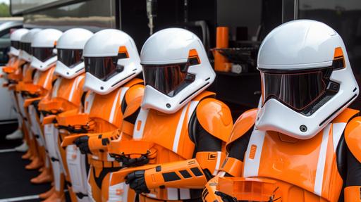 orange and white mclaren racing livery Stormtrooper armor, sponsor stickers on armor, squad of stormtroopers, photo by annie leibowitz, --ar 16:9 --v 5
