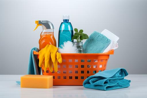 orange basket with cleaning products and gloves on white background, in the style of light teal and light navy, norris embry, tabletop photography, dark white and light red, website, relatable personality, light white and light navy --ar 3:2