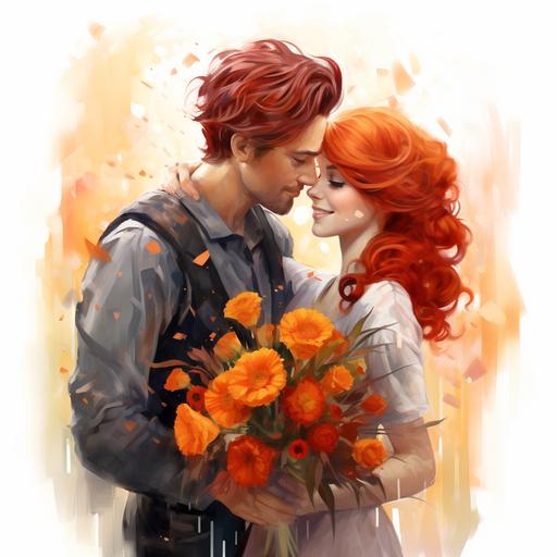 orange colors, red hair, happy couple, bouquet