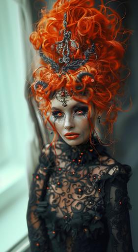 orange demon girl with red hair and bright red eyes, in the style of zbrush, tabletop photography, dark silver and bronze, 32k uhd, contest winner, decadent decay, tami bone --ar 35:64 --c 35 --s 400 --v 6.0