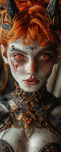 orange demon girl with red hair and bright red eyes, in the style of zbrush, tabletop photography, dark silver and bronze, 32k uhd, contest winner, decadent decay, tami bone --ar 35:87 --c 35 --s 400 --v 6.0