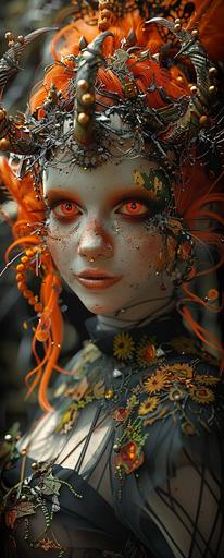 orange demon girl with red hair and bright red eyes, in the style of zbrush, tabletop photography, dark silver and bronze, 32k uhd, contest winner, decadent decay, tami bone --ar 35:87 --c 35 --s 400 --v 6.0