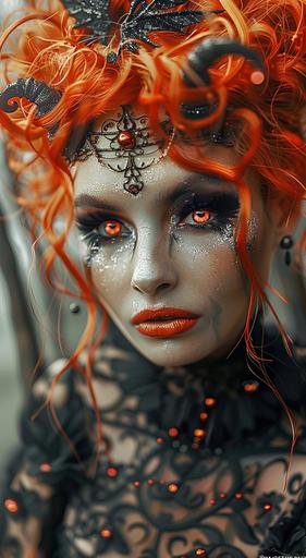 orange demon girl with red hair and bright red eyes, in the style of zbrush, tabletop photography, dark silver and bronze, 32k uhd, contest winner, decadent decay, tami bone --ar 35:64 --c 35 --s 400 --v 6.0