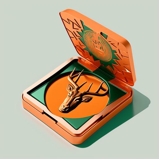 orange eyeshadow pallete, with deer as logo, and green metal packaging