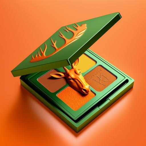 orange eyeshadow pallete, with deer as logo, and green metal packaging