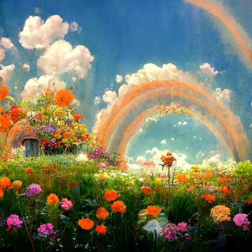 orange grass garden with flowers covered by a rainbow in sky magical,cartoon,hd,fantacy