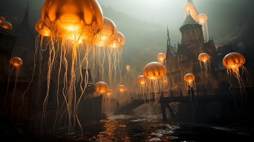 orange jellyfish that looks like a harvest moon floats thru an eerie castled village --ar 16:9