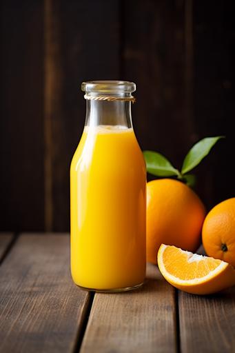orange juice in a glass bottle on a wooden background, in the style of y2k aesthetic, yellow and gray, manjit bawa, dutch tradition, raw metallicity, argus c3, organic --ar 2:3