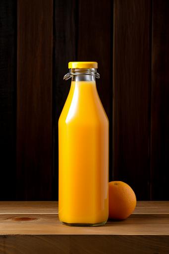 orange juice in a glass bottle on a wooden background, in the style of y2k aesthetic, yellow and gray, manjit bawa, dutch tradition, raw metallicity, argus c3, organic --ar 2:3