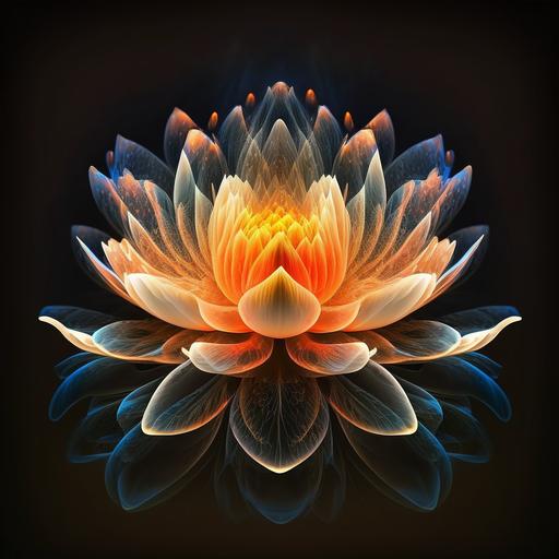 orange lotus flower surrounded by glowing feathers in chakra colors hyper realistic 4k