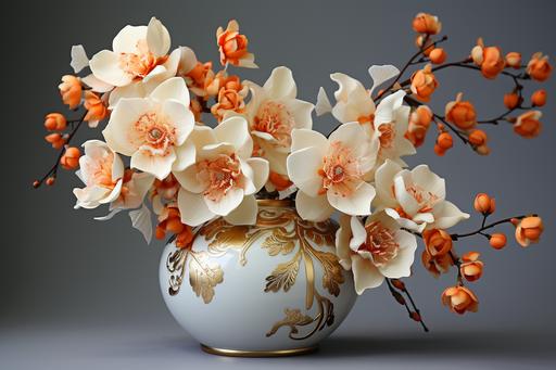 orange orchids in a white porcelain vase, brass details, gold roses, hyper realistic, 4k, 8k, romantic style --ar 3:2 --stylize 500