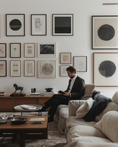 orbit shot of a art collector tending to his framed visuals of minimalist crop circles photos in his New York apartment, by Alex Strohl, minimal male figures in modern armani suit --stylize 150 --v 6.0 --ar 4:5