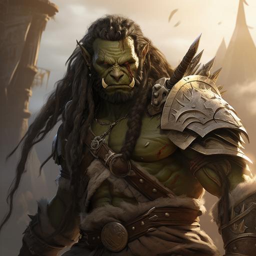 orc criminal, male, dreadlocks pulled back into a ponytail, goatee, holding a sidesword with a swept hilt and shield
