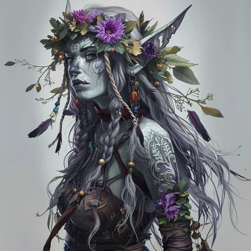 orc female druid. grey skin with long hair adorned with feathers and flowers. she has grey skin with numerous tattoos in colors of purple. DnD character art.