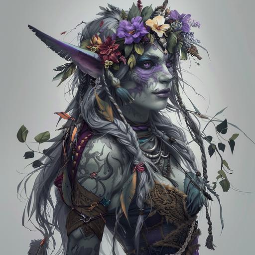 orc female druid. grey skin with long hair adorned with feathers and flowers. she has grey skin with numerous tattoos in colors of purple. DnD character art.