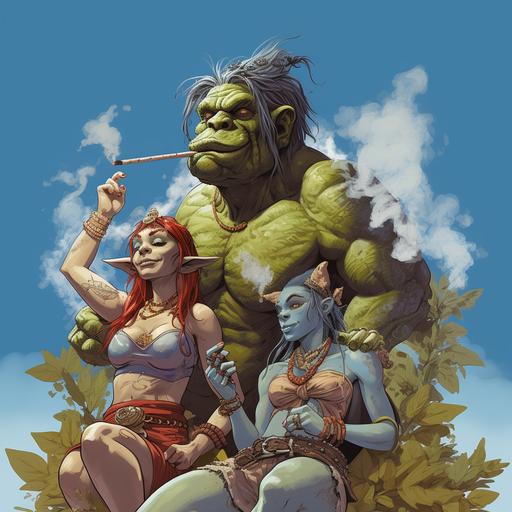 orc smoking big blunt with 2 chicks on his two sides, money, cartoon, blue background