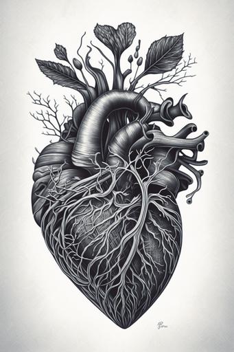organic heart, charcoal drawing, ballpoint pen drawing, detailed lines, digital drawing, 2d, white background, portrait, duotone, character, black and white, tattoo drawing, 8k, --ar 2:3