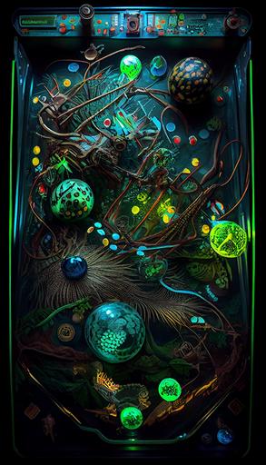 organic pinball machine, playfield bioluminescent flora, branchy flippers and chutes, spider pinballs, coiled snake plunger glowing bug bumbers, lunarpunk --upbeta --seed 5434492 --ar 9:16